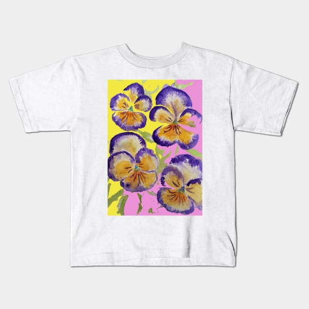 Viola Watercolor Purple Floral Pattern on Yellow and Pink Kids T-Shirt by SarahRajkotwala